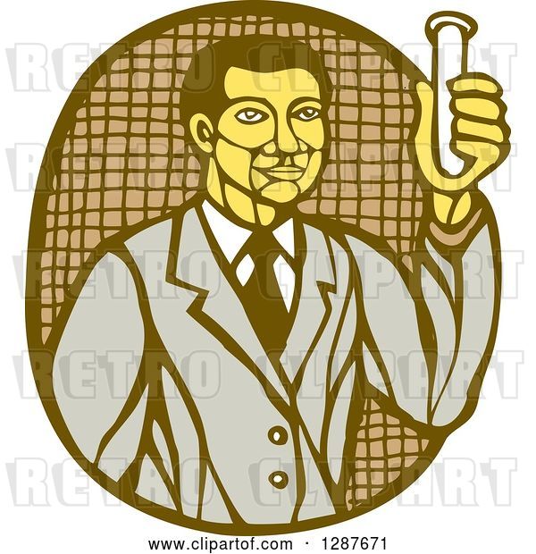 Vector Clip Art of Retro Woodcut Asian Male Scientist Holding a Test Tube