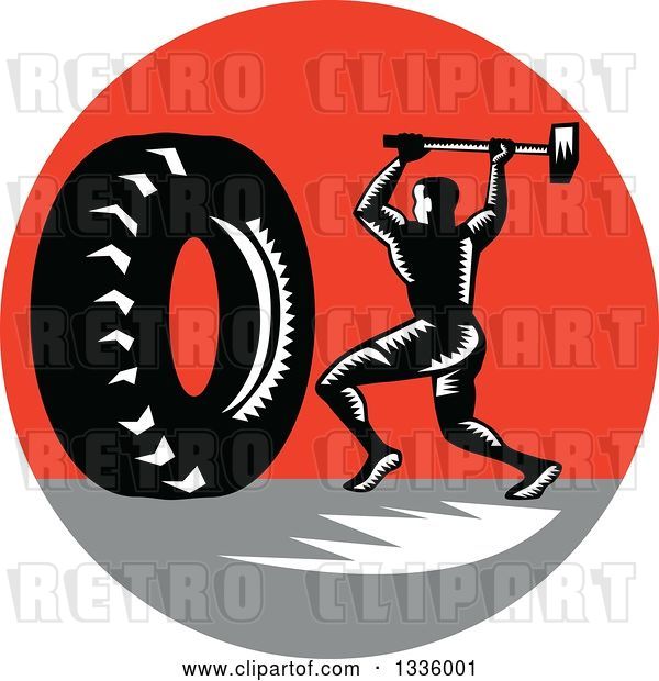 Vector Clip Art of Retro Woodcut Athlete Swinging a Sledgehammer at a Giant Tire in a Red and Gray Circle