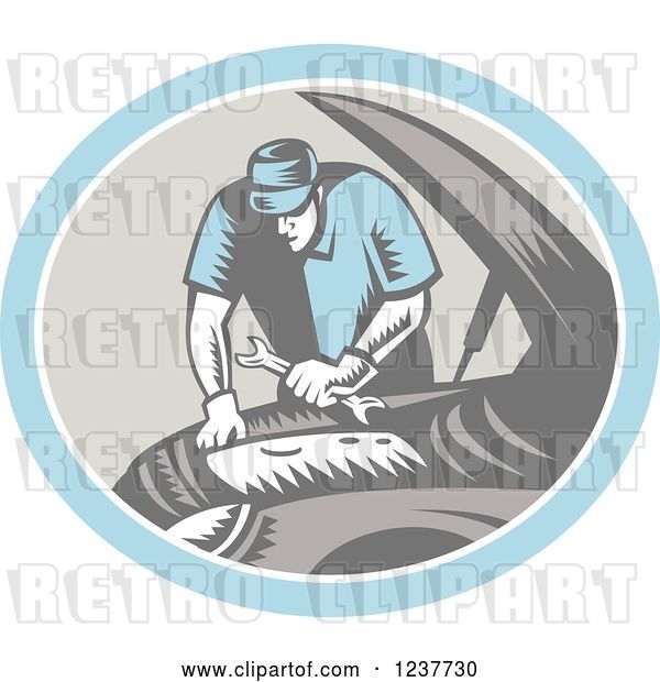 Vector Clip Art of Retro Woodcut Auto Mechanic Working on an Engine