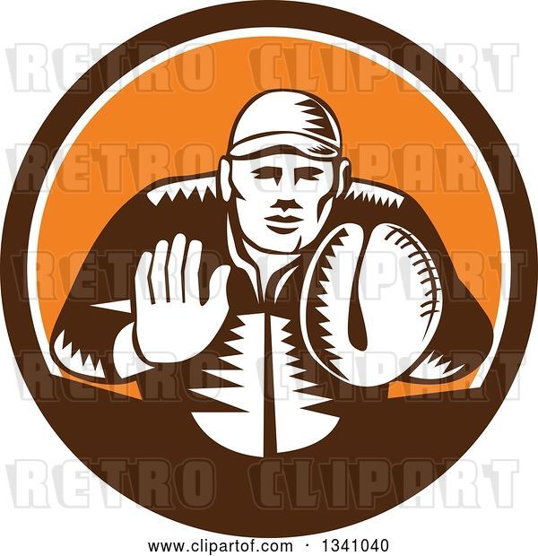 Vector Clip Art of Retro Woodcut Baseball Player Catcher in a Brown White and Orange Circle