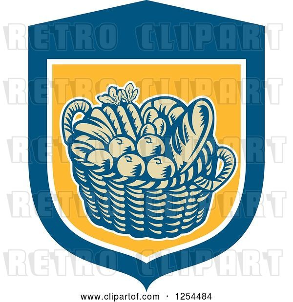 Vector Clip Art of Retro Woodcut Basket of Fruit and Bread in a Blue and Yellow Shield