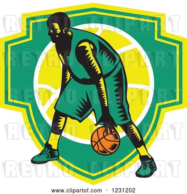 Vector Clip Art of Retro Woodcut Basketball Player Dribbling over a Green and Yellow Shield