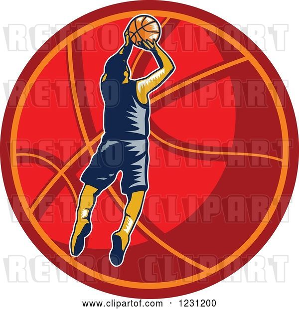 Vector Clip Art of Retro Woodcut Basketball Player Jumping over a Red Ball