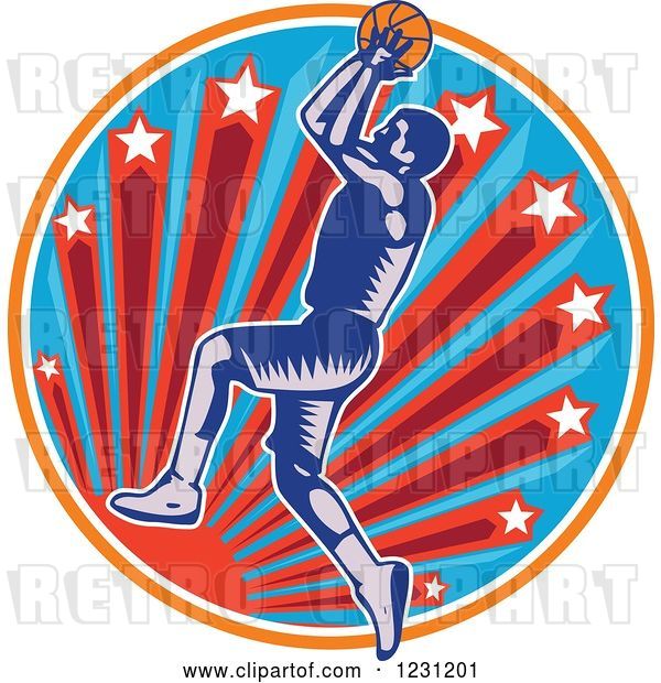 Vector Clip Art of Retro Woodcut Basketball Player Jumping over a Sun and Starburst Circle