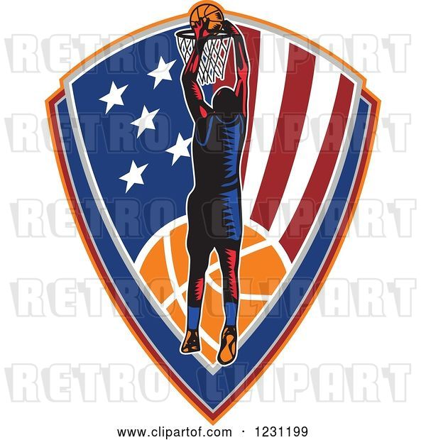 Vector Clip Art of Retro Woodcut Basketball Player Slam Dunking over an American Shield