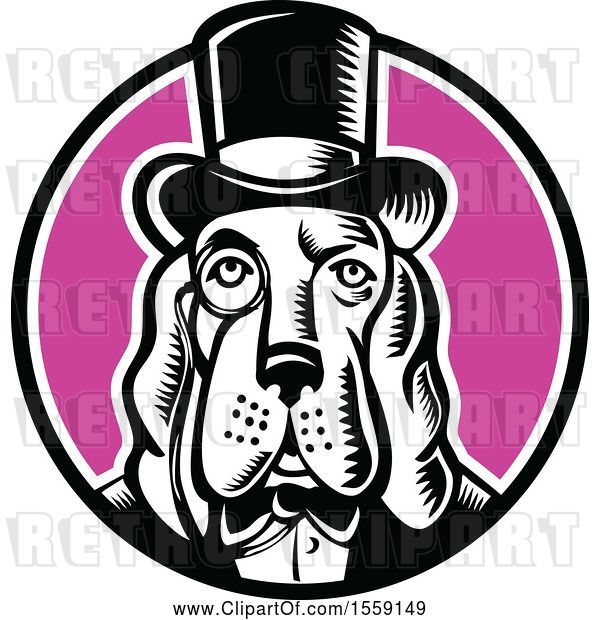 Vector Clip Art of Retro Woodcut Basset Hound Dog Mascot Wearing a Monacle and Top Hat in a Circle