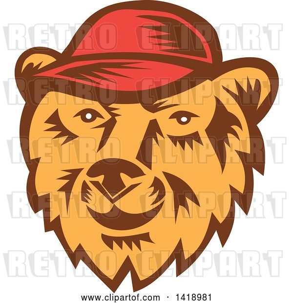 Vector Clip Art of Retro Woodcut Bear Face Wearing a Baseball Cap