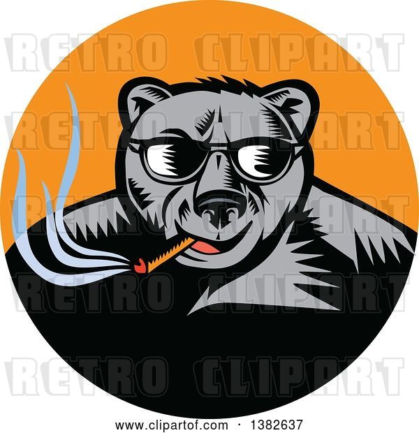 Vector Clip Art of Retro Woodcut Black Bear Wearing Shades and Smoking a Cigar in an Orange Circle