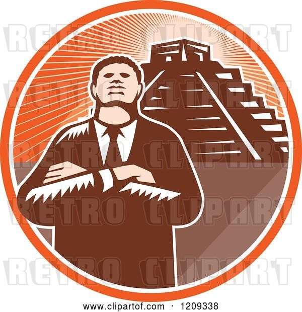 Vector Clip Art of Retro Woodcut Black Business Man with Folded Arms over a Pyramid in an Orange Sunny Circle