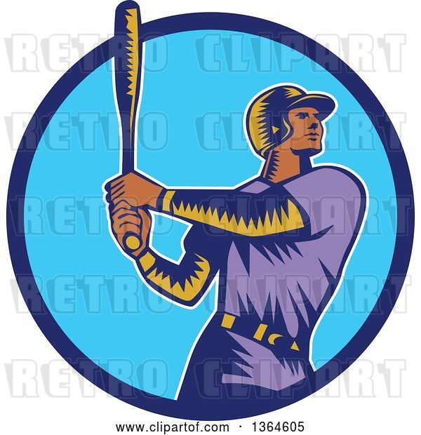 Vector Clip Art of Retro Woodcut Black Male Baseball Player Athlete Batting in a Black White and Beige Circle