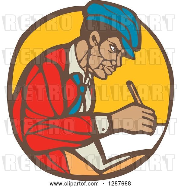 Vector Clip Art of Retro Woodcut Black Male Journalist Writing in a Brown and Yellow Circle