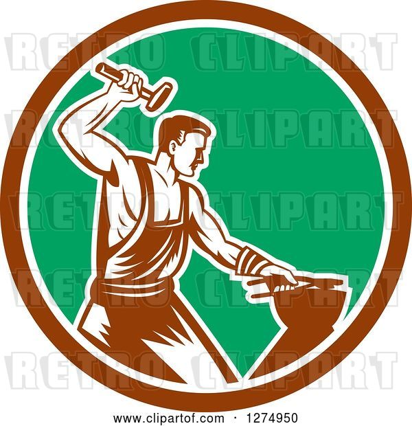 Vector Clip Art of Retro Woodcut Blacksmith Hammering in a Brown White and Green Circle