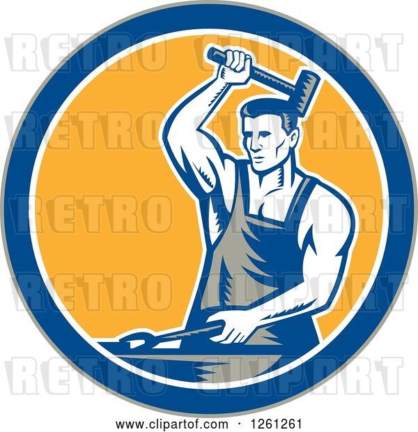 Vector Clip Art of Retro Woodcut Blacksmith Hammering in a Gray Blue White and Yellow Circle