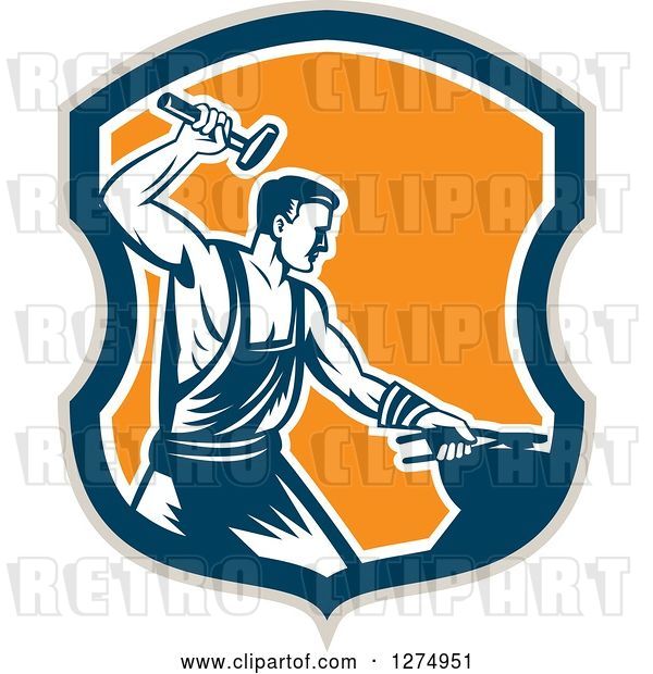 Vector Clip Art of Retro Woodcut Blacksmith Hammering in a Taupe Blue White and Orange Shield