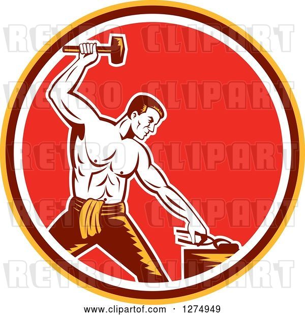 Vector Clip Art of Retro Woodcut Blacksmith Hammering in a Yellow Brown White and Red Circle