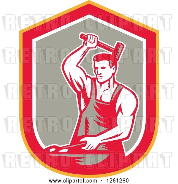Vector Clip Art of Retro Woodcut Blacksmith Hammering in a Yellow Red White and Taupe Shield