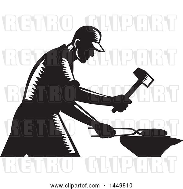 Vector Clip Art of Retro Woodcut Blacksmith Worker Forging Iron