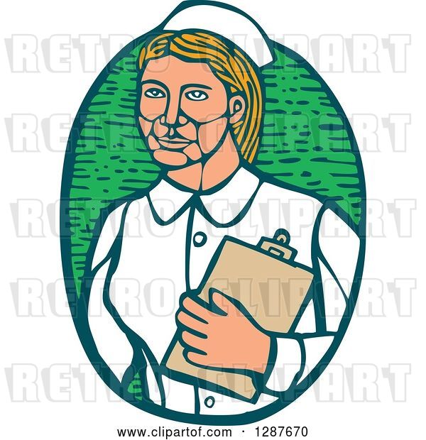 Vector Clip Art of Retro Woodcut Blond White Female Nurse Holding a Cliboard in a Green Oval