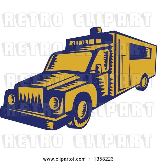 Vector Clip Art of Retro Woodcut Blue and Yellow Ambulance