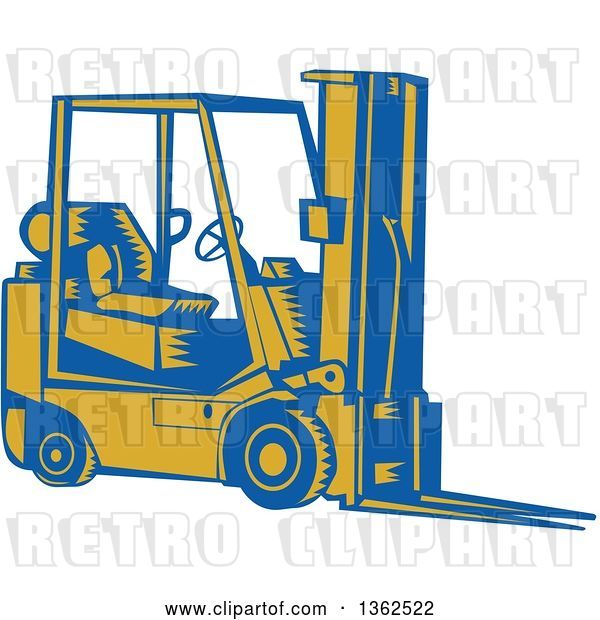 Vector Clip Art of Retro Woodcut Blue and Yellow Forklift