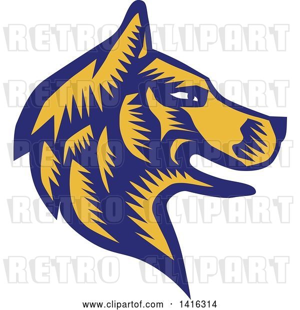 Vector Clip Art of Retro Woodcut Blue and Yellow Husky Dog Head in Profile
