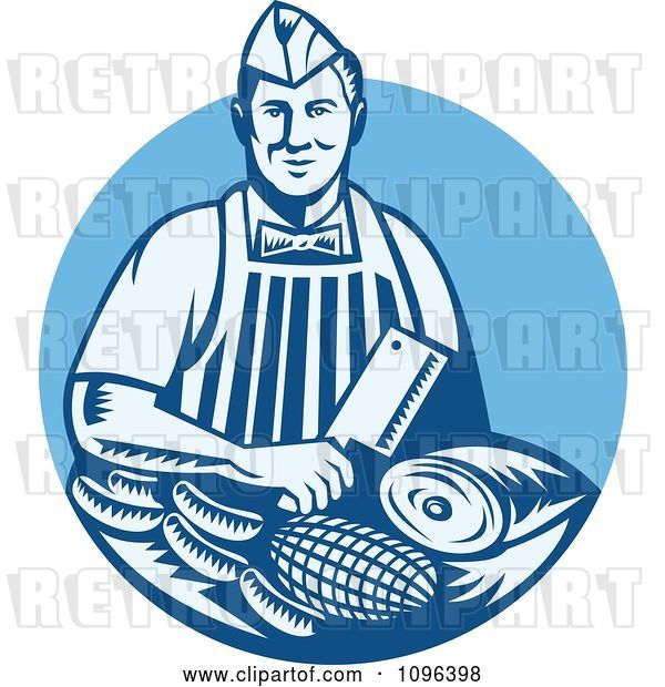 Vector Clip Art of Retro Woodcut Blue Butcher Holding a Cleaver Knife over Meats