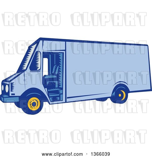 Vector Clip Art of Retro Woodcut Blue Delivery Van