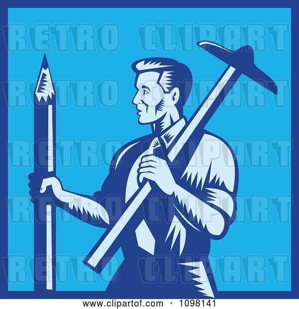 Vector Clip Art of Retro Woodcut Blue Draftsman Architect Holding a Large Pencil and T-Square