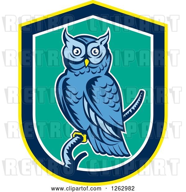 Vector Clip Art of Retro Woodcut Blue Great Horned Owl in a Yellow Blue White and Turquoise Shield