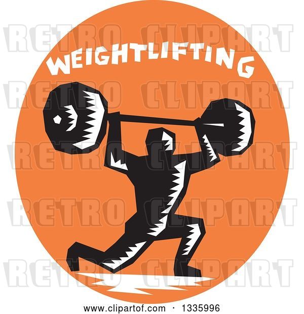 Vector Clip Art of Retro Woodcut Bodybuilder Male Athlete Doing Lunges with a Barbell, with Text in an Orange Oval