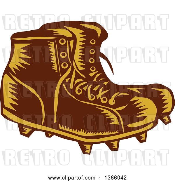 Vector Clip Art of Retro Woodcut Brown and Orange Pair of Rugby Football Boots