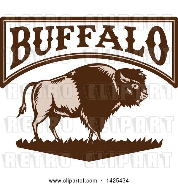 Vector Clip Art of Retro Woodcut Brown and Tan American Bison on Grass Under Buffalo Text
