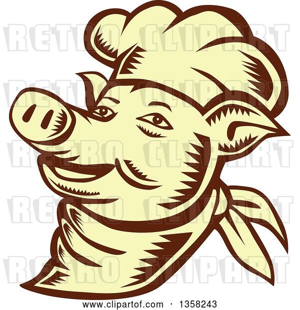 Vector Clip Art of Retro Woodcut Brown and Yellow Chef Pig Face