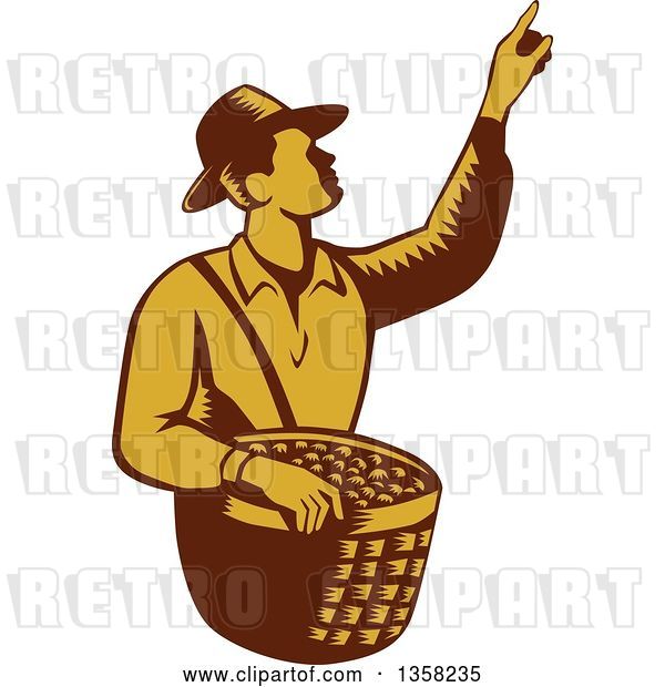 Vector Clip Art of Retro Woodcut Brown and Yellow Male Farm Fruit Picker Worker Pointing and Holding a Basket