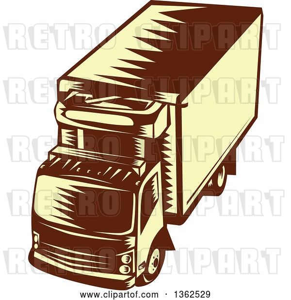 Vector Clip Art of Retro Woodcut Brown and Yellow Refrigerated Big Rig Truck from Above