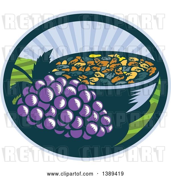 Vector Clip Art of Retro Woodcut Bunch of Purple Grapes by a Bowl of Raisins in an Oval with a Sunrise or Sunset