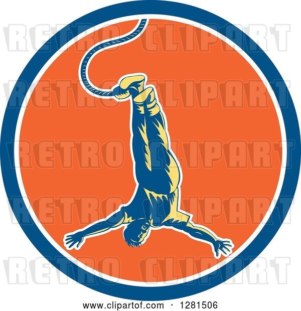 Vector Clip Art of Retro Woodcut Bungee Jumper in a Blue White and Orange Circle