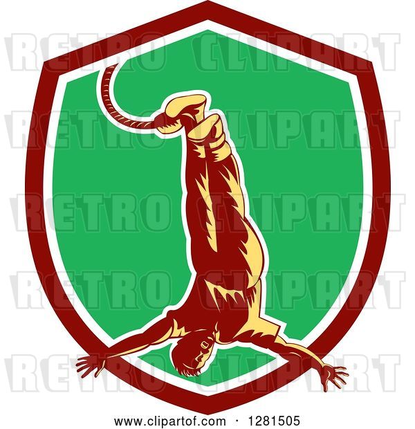 Vector Clip Art of Retro Woodcut Bungee Jumper in a Maroon White and Green Shield