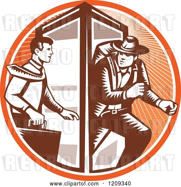 Vector Clip Art of Retro Woodcut Business Man Changing to an Explorer in a Phone Booth in an Orange Sunny Circle