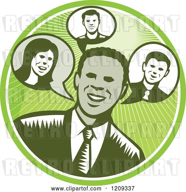 Vector Clip Art of Retro Woodcut Business Man in a Green Sunny Circle