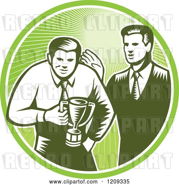 Vector Clip Art of Retro Woodcut Business Man Receiving a Trophy from His Boss in a Green Sunny Circle