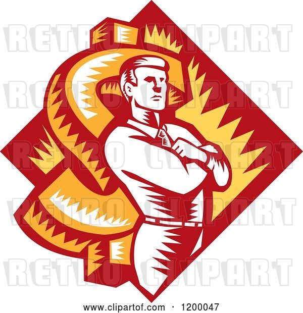 Vector Clip Art of Retro Woodcut Business Man with Folded Arms over a Dollar Symbol and Diamond
