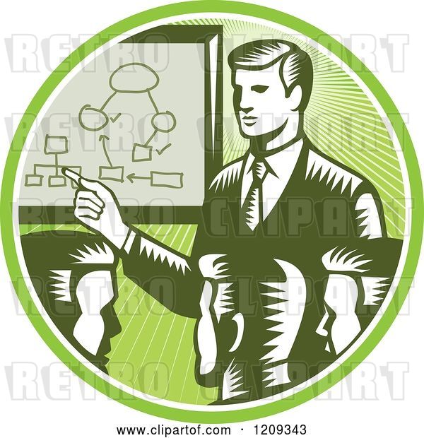 Vector Clip Art of Retro Woodcut Business Men Holding a Networking Meeting in a Green Sunny Circle
