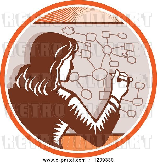 Vector Clip Art of Retro Woodcut Business Woman Drawing a Complex Diagram in an Orange Sunny Circle