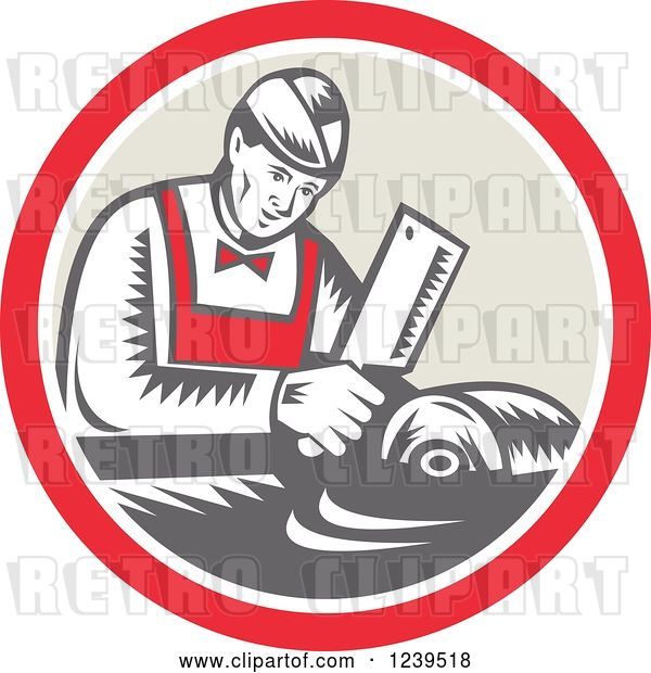 Vector Clip Art of Retro Woodcut Butcher Guy Chopping Meat in a Circle