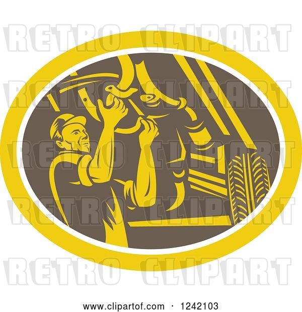 Vector Clip Art of Retro Woodcut Car Mechanic Working Under the Chassis in an Oval