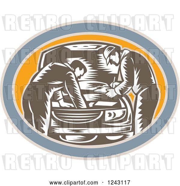 Vector Clip Art of Retro Woodcut Car Mechanics Working on an Engine in an Oval