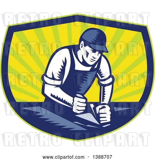 Vector Clip Art of Retro Woodcut Carpenter Wearing a Hat and Overalls, Working with a Smooth Plane on a Wood Surface in a Blue Green and Yellow Shield