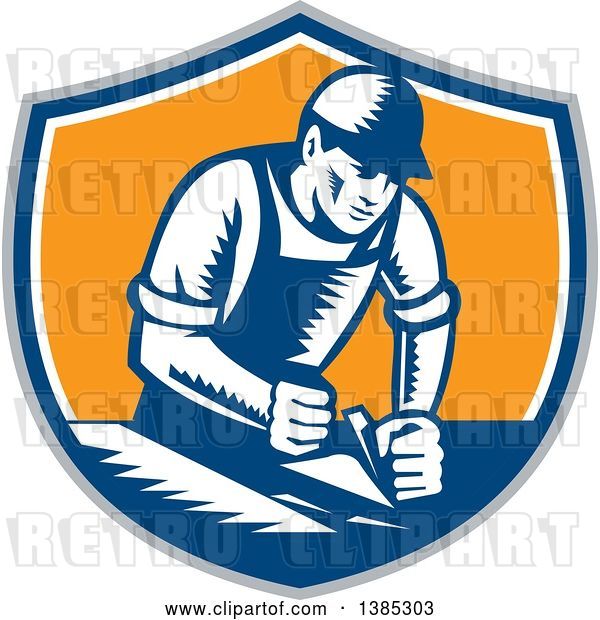 Vector Clip Art of Retro Woodcut Carpenter Wearing a Hat and Overalls, Working with a Smooth Plane on a Wood Surface in a Gray, Blue White and Orange Shield