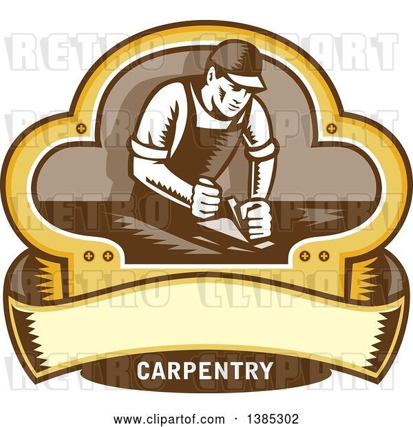 Vector Clip Art of Retro Woodcut Carpenter Wearing a Hat and Overalls, Working with a Smooth Plane on a Wood Surface Inside a Clover Leaf Design with a Blank Banner and Text